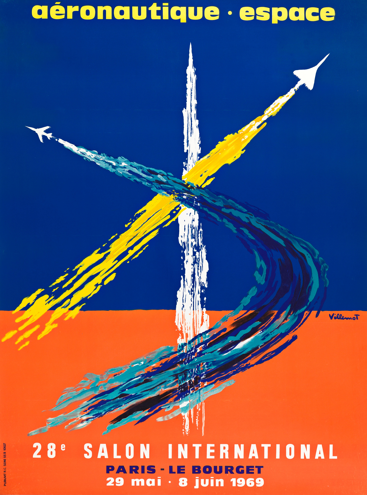 BERNARD VILLEMOT (1911-1989).  AÉRONAUTIQUE ESPACE / 28E SALON INTERNATIONAL. 1969. 61¾x46 inches, 158¾x116¾ cm. Publivit R.C., Seine.